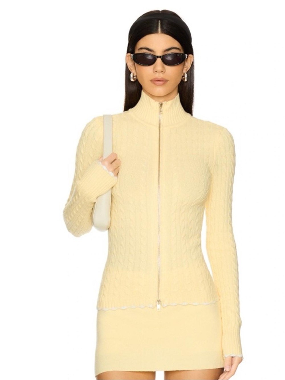 Frankie's Bikinis Pale Yellow Cable-Knit Zip Cardigan
